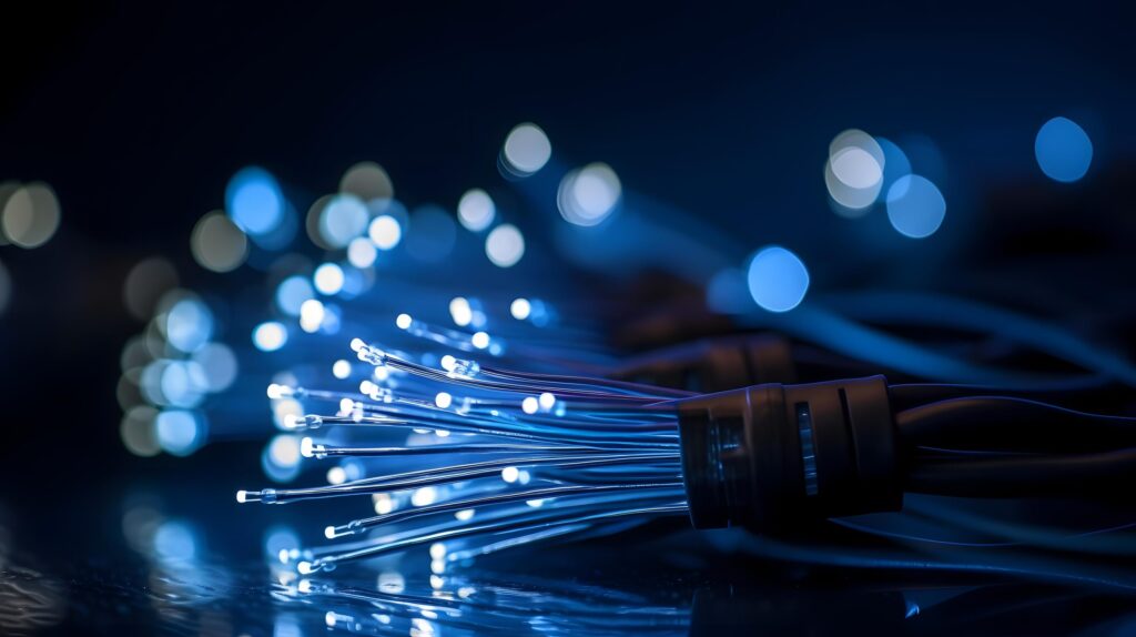 "NBN home internet fibre connection blue fibre optic cable with glowing lights